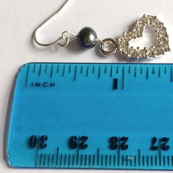 Black Tahitian Pearl Heart Earrings Silver Plated Crystal Dangle Bridal Love - Picture 10 of 11